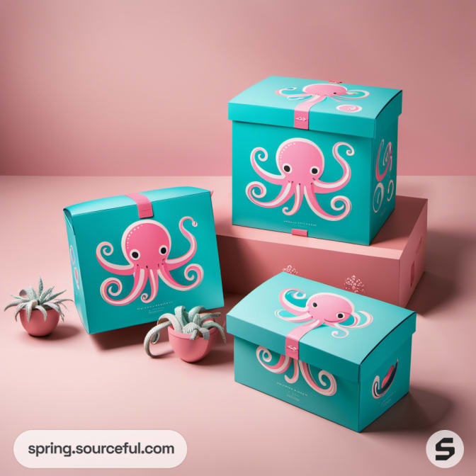 Teal and pink gift boxes with playful octopus designs.
