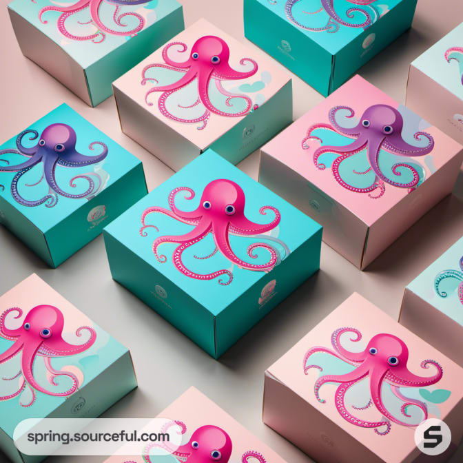 Multiple small boxes with octopus graphics, pink and teal shades.