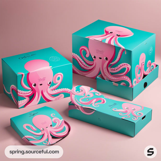 Packaging with large octopus images, vibrant pink and teal boxes.