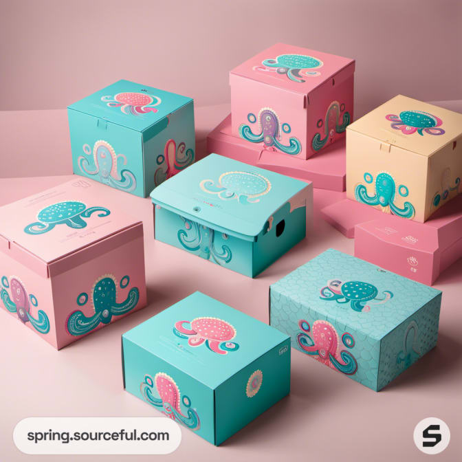 Cute and whimsical octopus design boxes, pastel pink and teal.