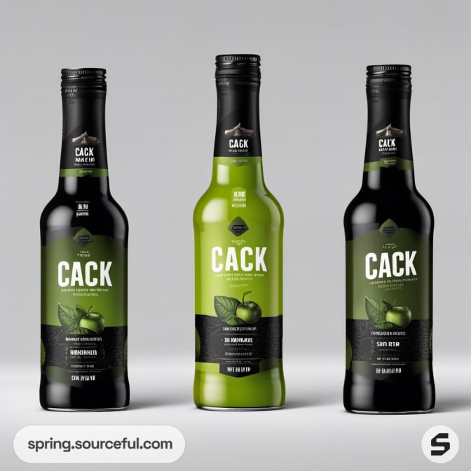 Three green and black bottles with apple graphics and text 'CACK'.
