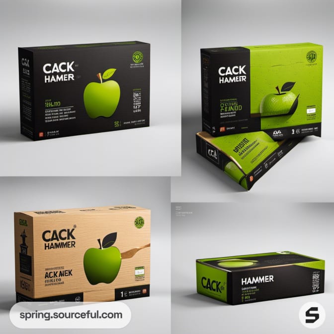 Boxes with green apple graphics labeled 'CACK' and 'HAMMER'.