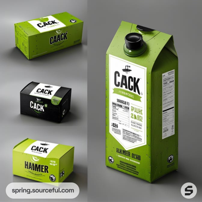 Green carton and boxes with apple imagery labeled 'CACK'.