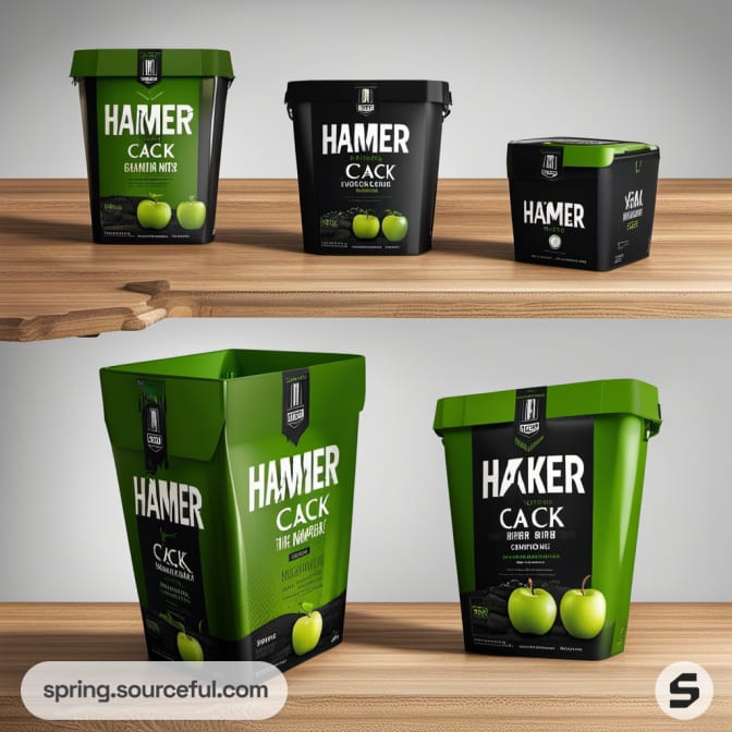 Green and black containers with apple graphics and text 'HAMER CACK'.
