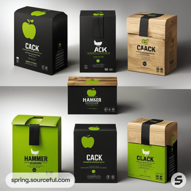 Assorted black and green packaging with apple graphics and text 'ACK'.