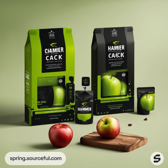 Green and black packages with apple images labeled 'CHAMIER CACK'.