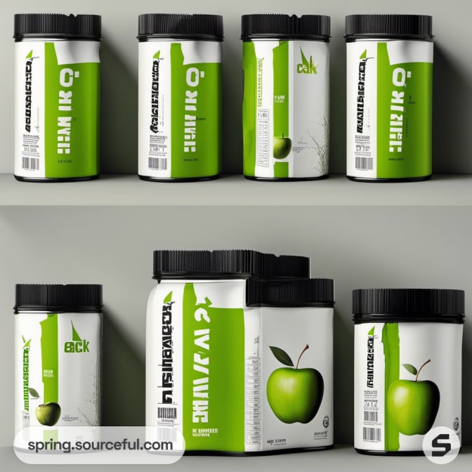 White containers with green apple graphics and text.