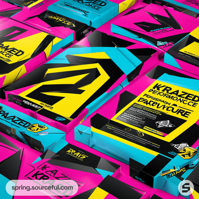 Packaging featuring 'KRAZED' branding with geometric patterns in vibrant pink, blue, and yellow.