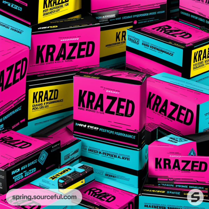 Stacked 'KRAZED' boxes in vibrant colors with bold text and design elements.