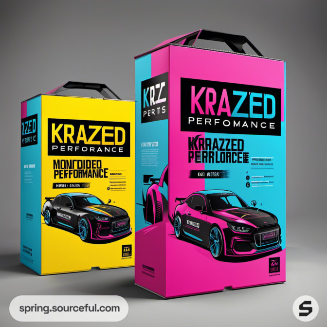 Large 'KRAZED Performance' boxes featuring a car graphic in pink and blue.