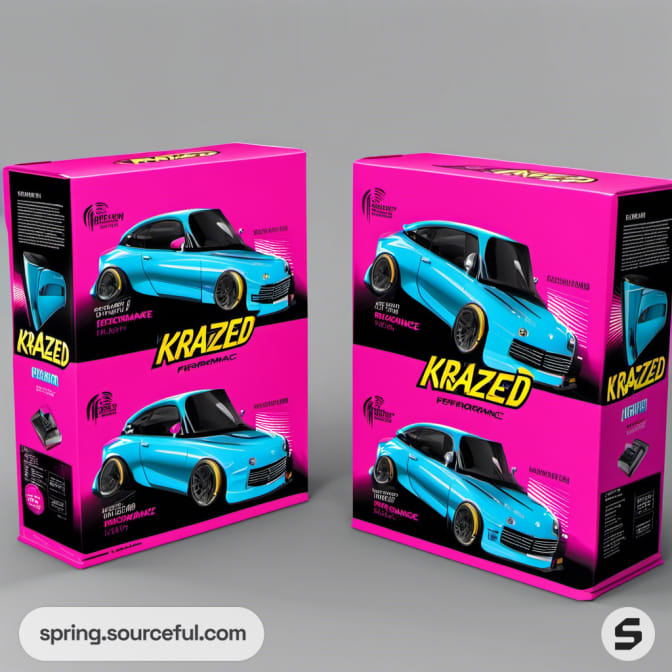 Pink and blue 'KRAZED' boxes featuring illustrated cars on the front.