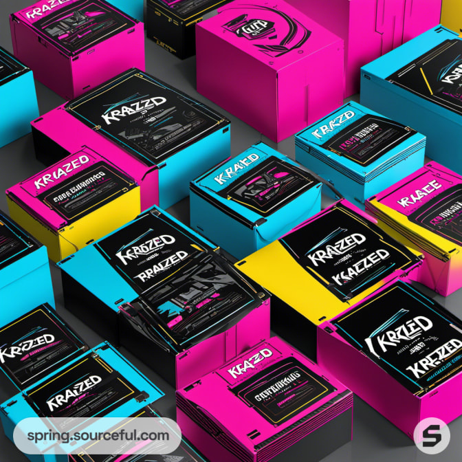 Arranged 'KRAZED' boxes in striking pink, blue, and black with prominent branding.