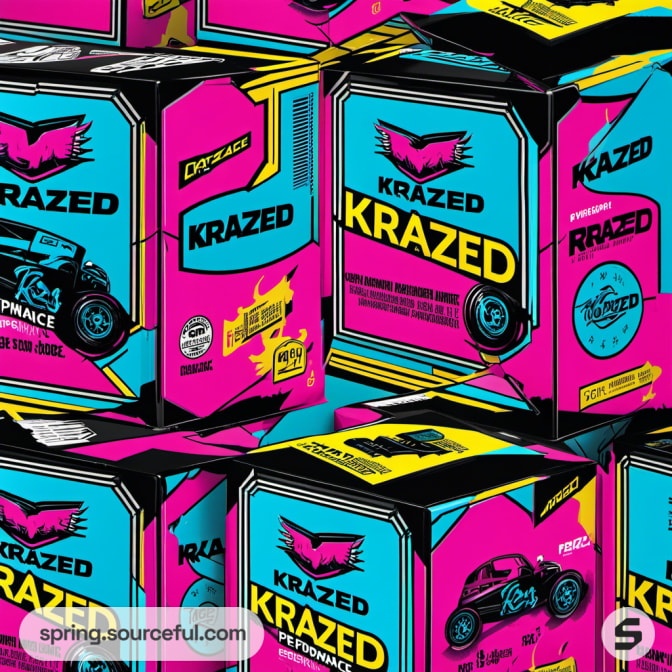 Stacked packages in vivid colors with 'KRAZED' logo and illustrated vehicles.