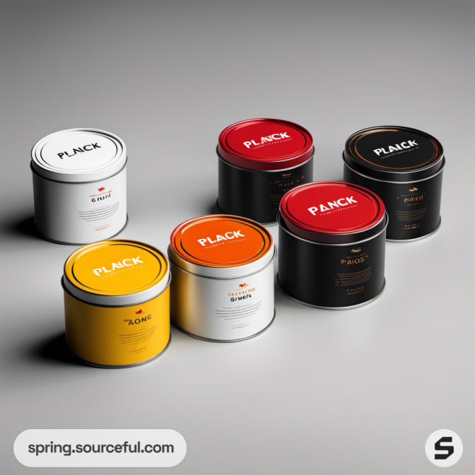 Round tins with various colors and designs including red, black, and yellow arranged on a surface.