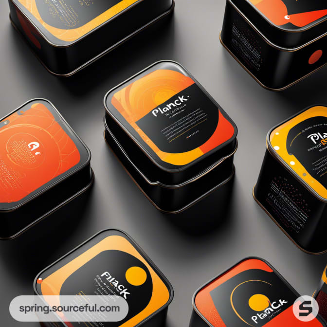 Square tins with colorful abstract designs, predominantly black, orange, and red hues.