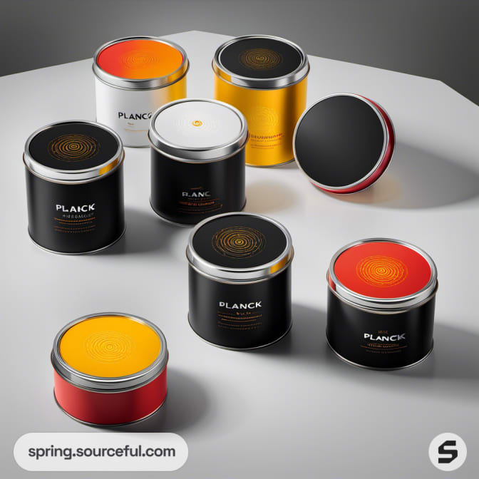 Round tins with sleek minimalist designs in yellow, black, red, and white colors on a table.