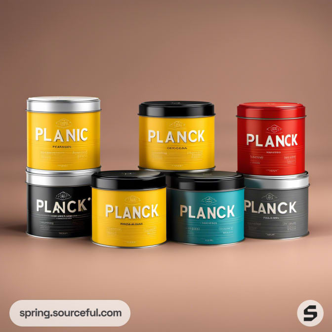 Stacked and arranged colorful tins with labels, featuring yellow, red, blue, and black shades.