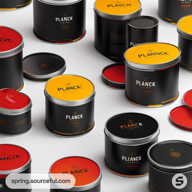 Diverse round tins in black, yellow, and red with varied lid designs and labels.