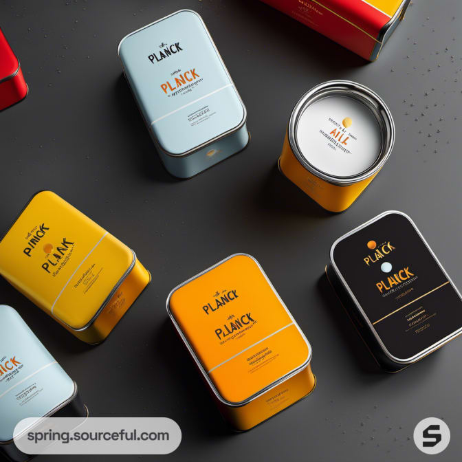 Assorted square and round tins in bright colors like yellow, black, and red on a dark surface.