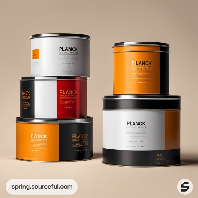 Large tins stacked in orange, black, red, and white with bold designs on a neutral background.