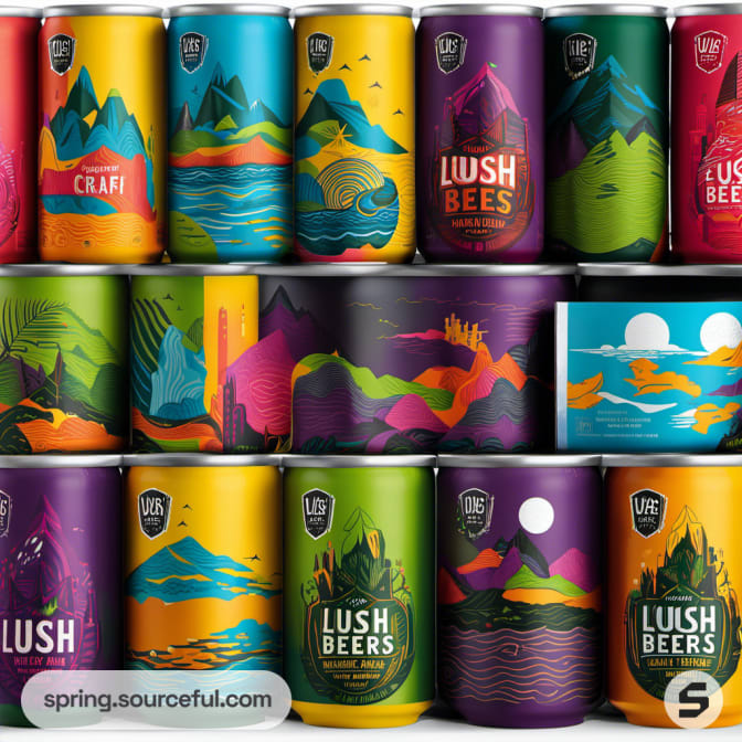 Assorted colorful drink cans with nature-themed illustrations in rows on a black surface.