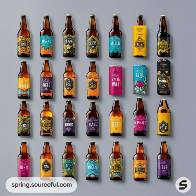 Various bottled beverages with vibrant labels arranged on a gray background.