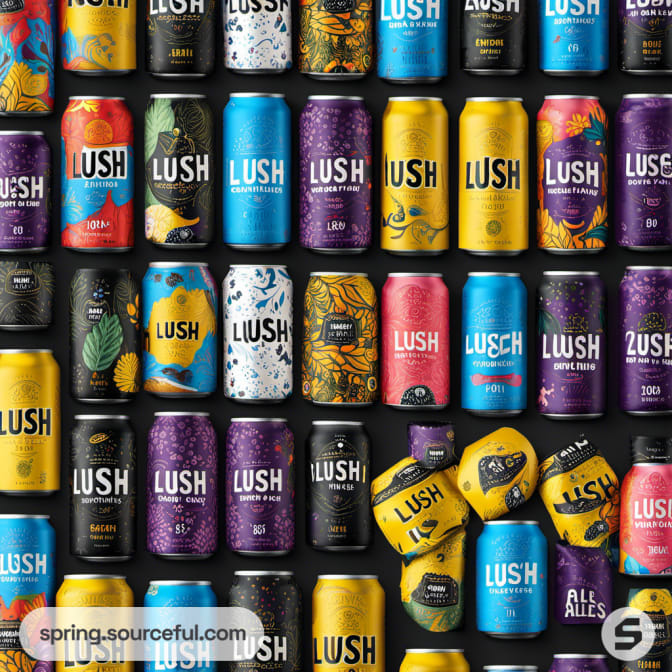 Assorted vibrant drink cans with unique designs and patterns lined up on a dark surface.