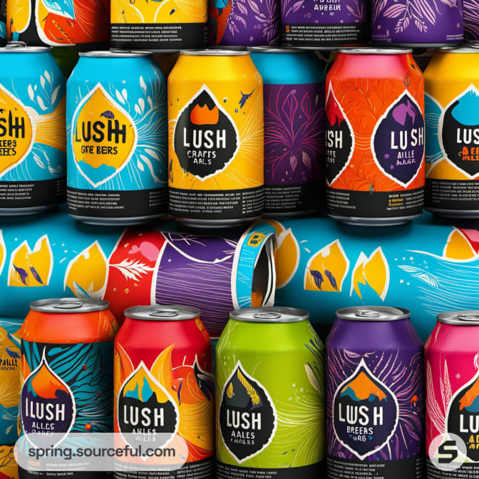 Stacks of brightly colored beverage cans featuring diverse artistic designs.