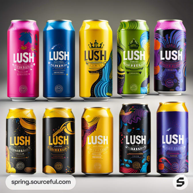 Brightly colored drink cans with bold graphic designs displayed on a gray background.