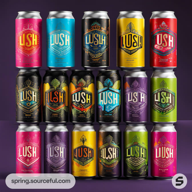 Assorted colorful cans with unique artistic labels on a purple background.