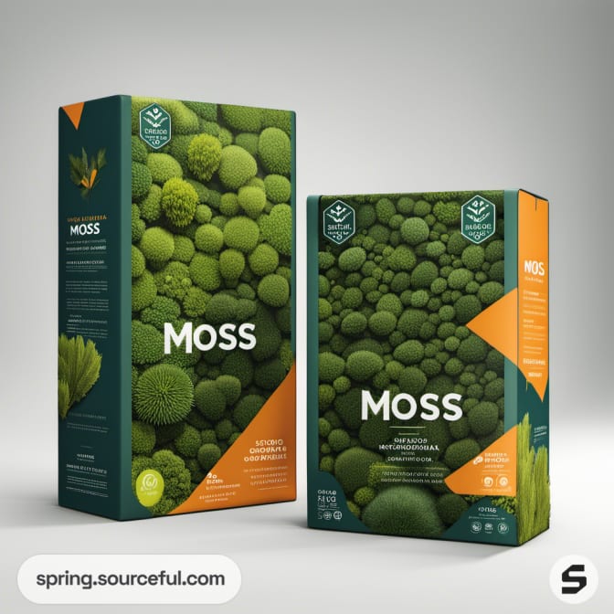 Green and orange packaging with moss patterns, featuring resealable pouches and boxes.