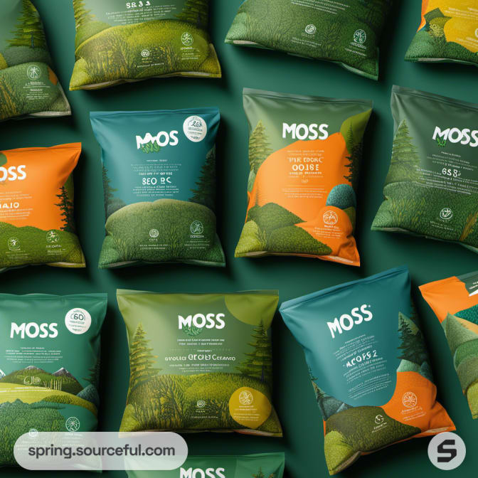 Assorted moss-themed packaging in green and orange colors with natural motifs.