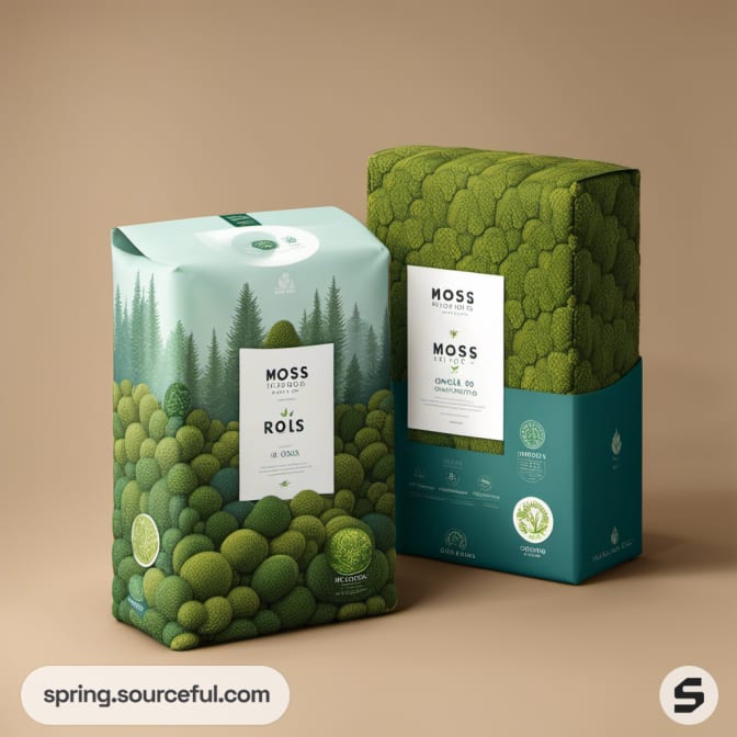 Two styles of moss-themed packaging, featuring forest imagery and vibrant green colors.