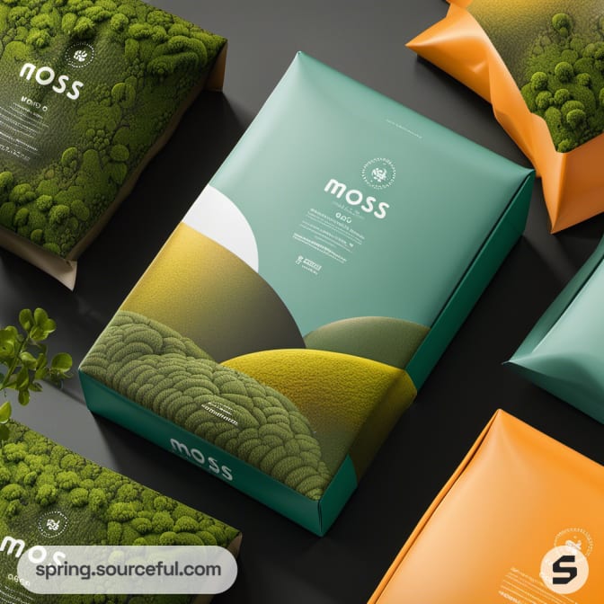 Moss-patterned packaging in shades of green and orange with resealable pouches.