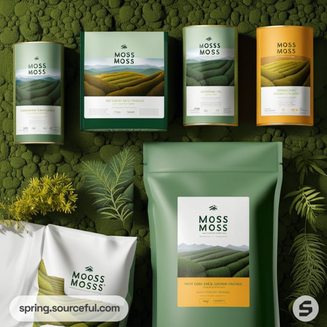 Multiple packaging styles with detailed landscape imagery, in green and orange shades.
