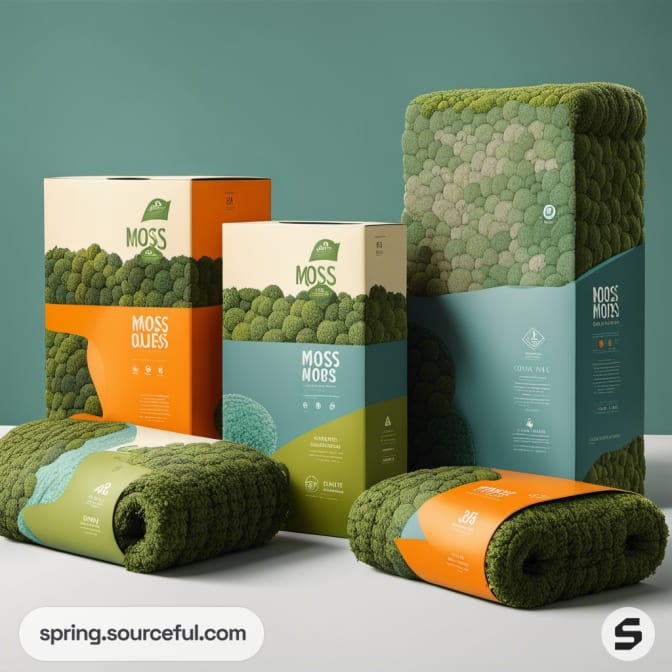 Assorted moss-themed packaging in various sizes and styles, featuring light green and orange colors.