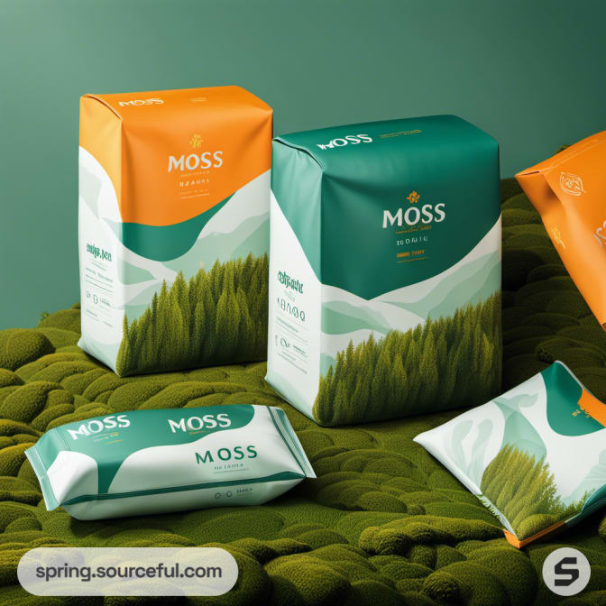Elegant packaging with forest elements and contrasting green and orange hues.