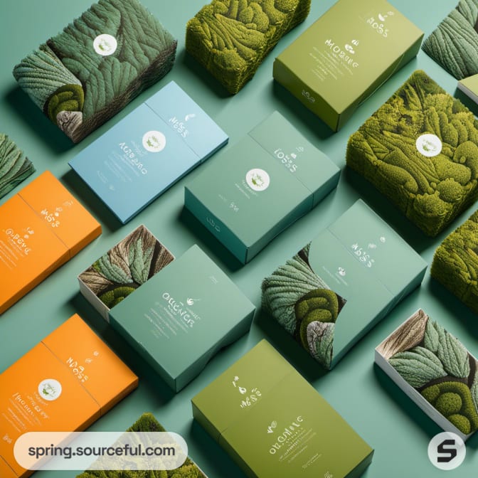 A collection of moss-patterned packaging in soft greens and blues with textured designs.