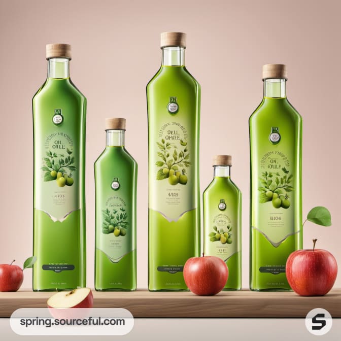 Tall green glass bottles with apples and leafy designs.