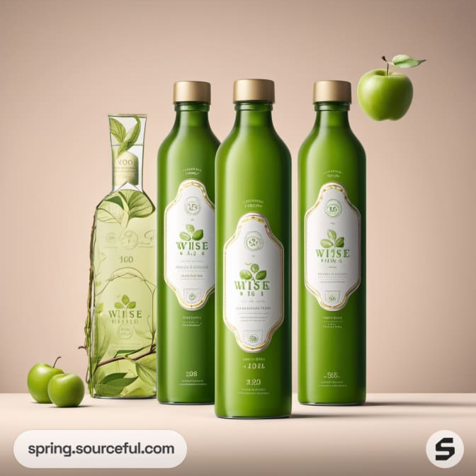 Elegant green bottles with delicate apple illustrations.