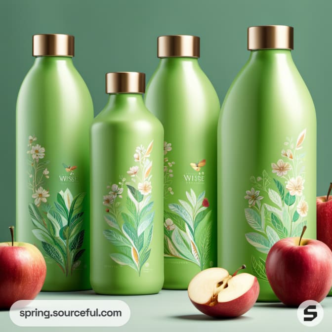 Green bottles with floral apple designs, apples around.