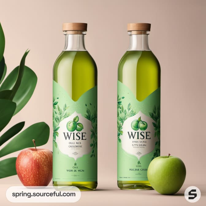 Two green glass bottles with fresh apple motifs.