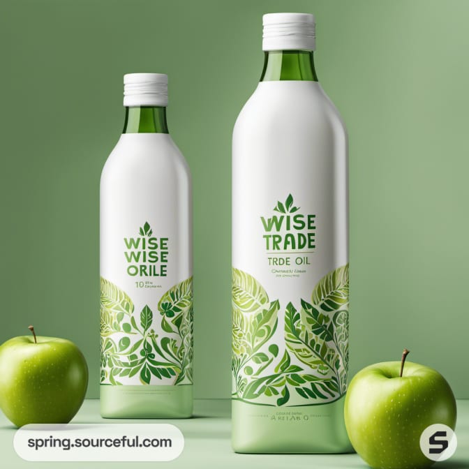 Sleek bottles with green and white leaf designs.