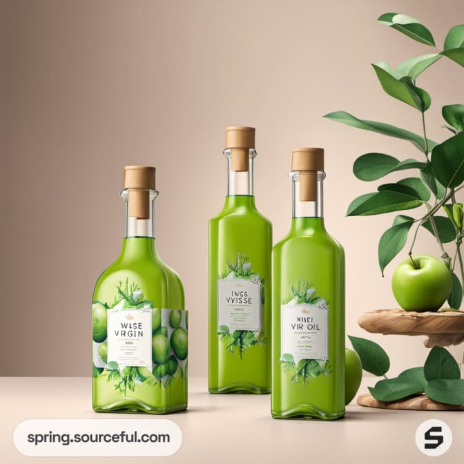 Small green bottles with apple images, wooden stoppers.