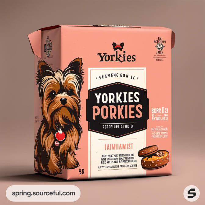 Pink snack box with a dog illustration, labeled 'Yorkies Porkies'.