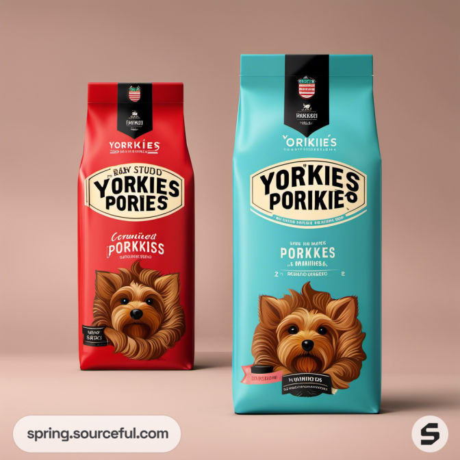 Red and blue snack bags with a dog illustration labeled 'Yorkies Pories'.