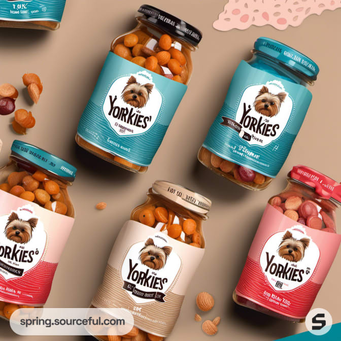 Jars with snacks, labeled 'Yorkies', featuring a dog illustration.