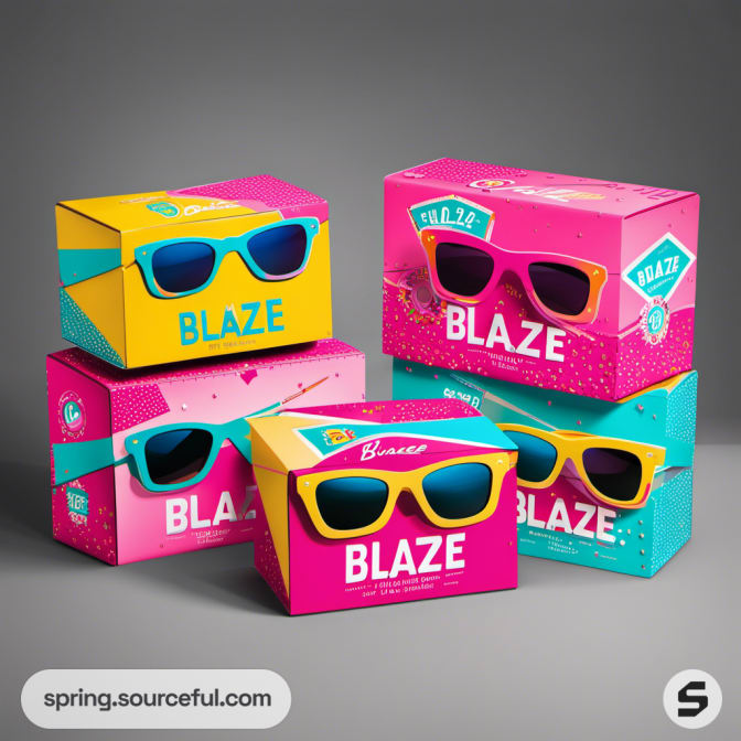 Colorful mailer boxes with sunglasses design in pink, blue, and yellow tones.