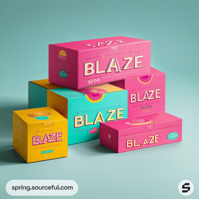 Stack of bright pink, teal, and yellow boxes with the text 'Blaze.'