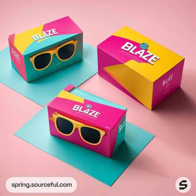 Three colorful boxes showing sunglasses design set on pink and teal backgrounds.